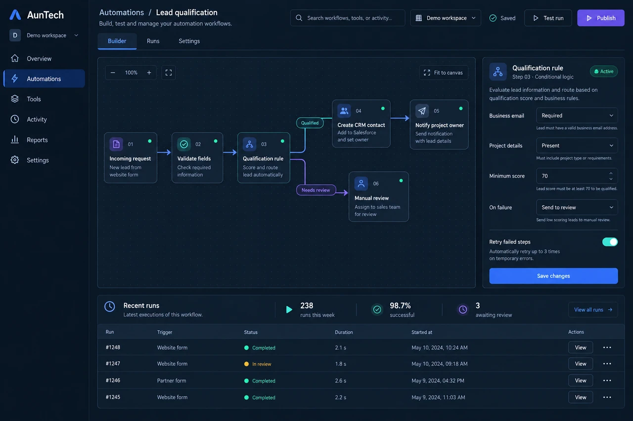 AunTech automation builder with rules, branches, settings and run history.