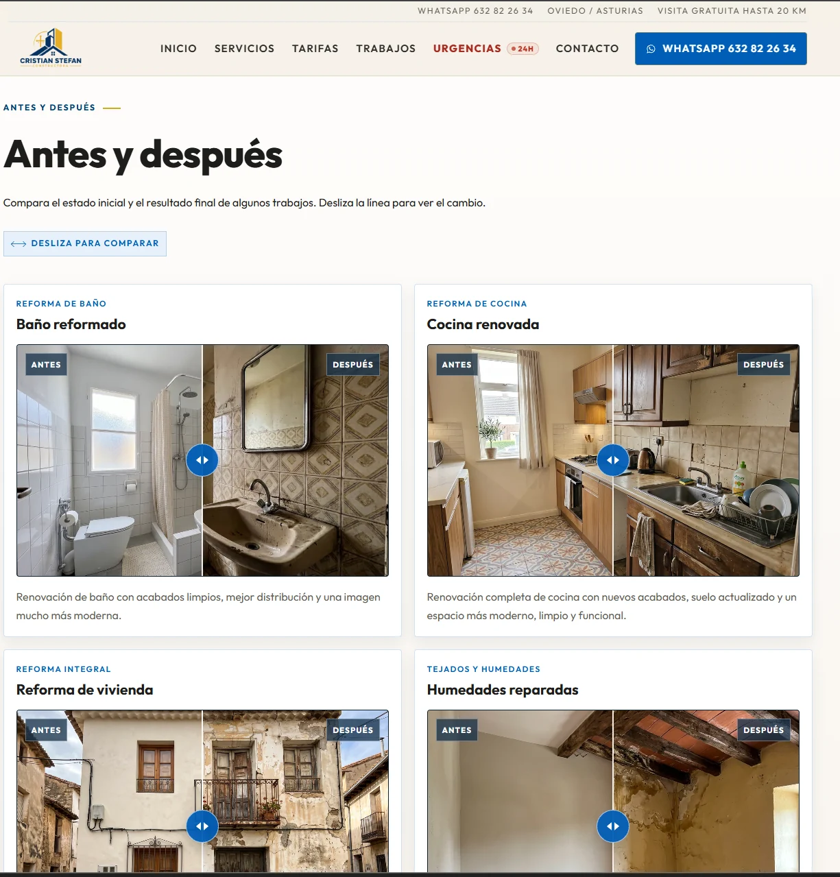 Sección de antes y después en la web de Cristian Stefa