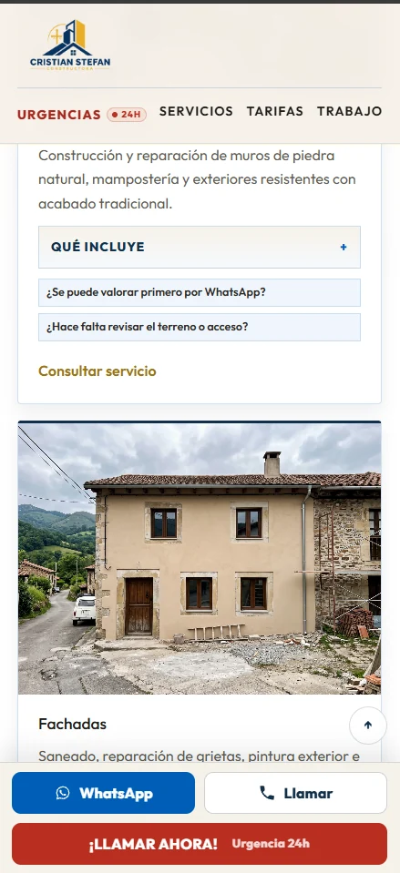 Página de servicios de Cristian Stefa en móvil