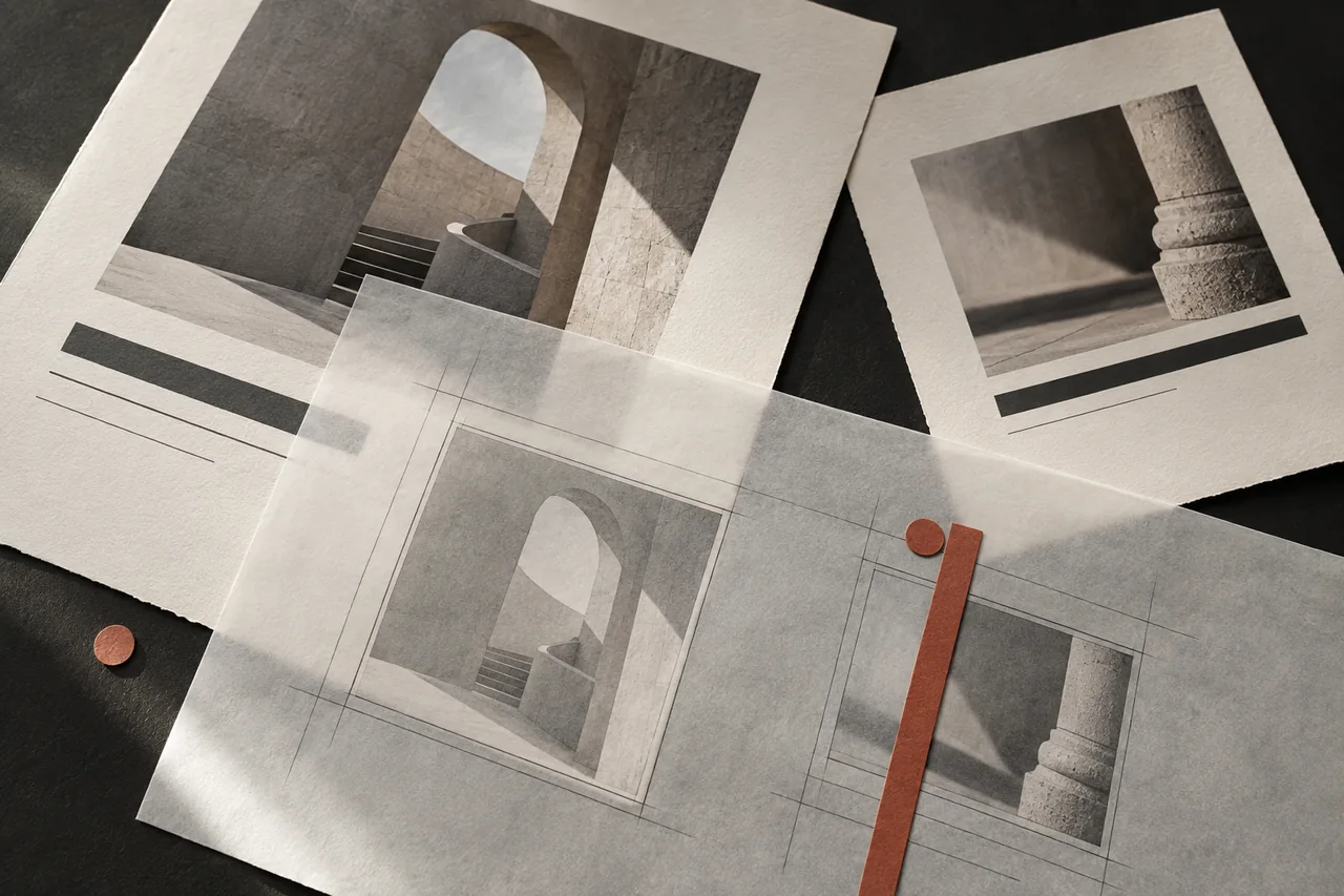 Visual study of content hierarchy and architecture, with paper modules arranged on a working table