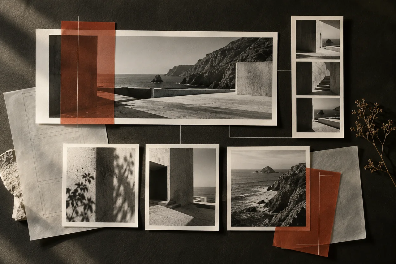 Estudio visual de dirección creativa: fotografías, recortes y capas de papel conectan una misma idea entre distintos formatos