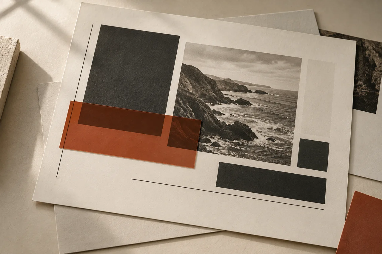 Estudio visual de composición: capas de papel, fotografía costera y un acento terracota