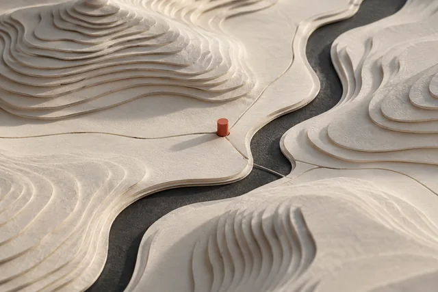 Maqueta topográfica imaginaria con un punto de encuentro entre caminos