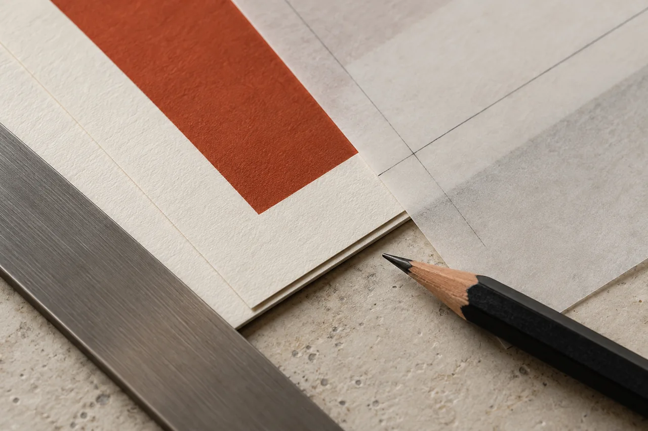 Detalle de papel, lápiz y líneas de alineación como estudio visual de precisión