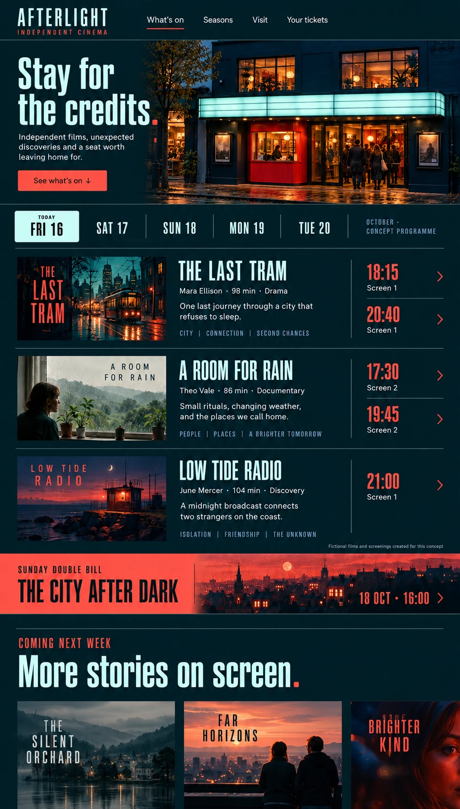 Afterlight Cinema — 03 — Portada desktop: días, películas y horarios en primer plano.