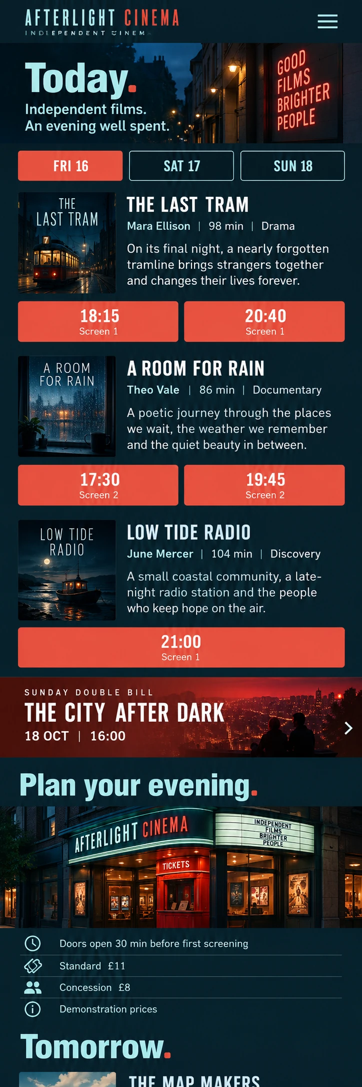 Afterlight Cinema — 05 — Programa móvil Today con acceso directo a los horarios.