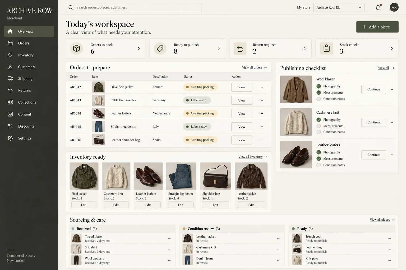 Archive Row — Workspace: pending orders, publishing and condition checks.