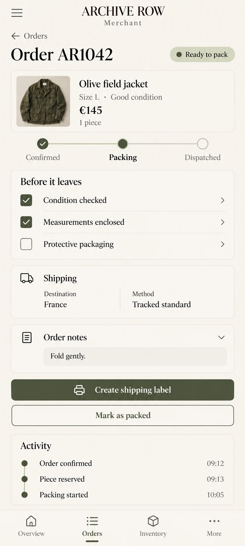 Archive Row — preparing an order on mobile