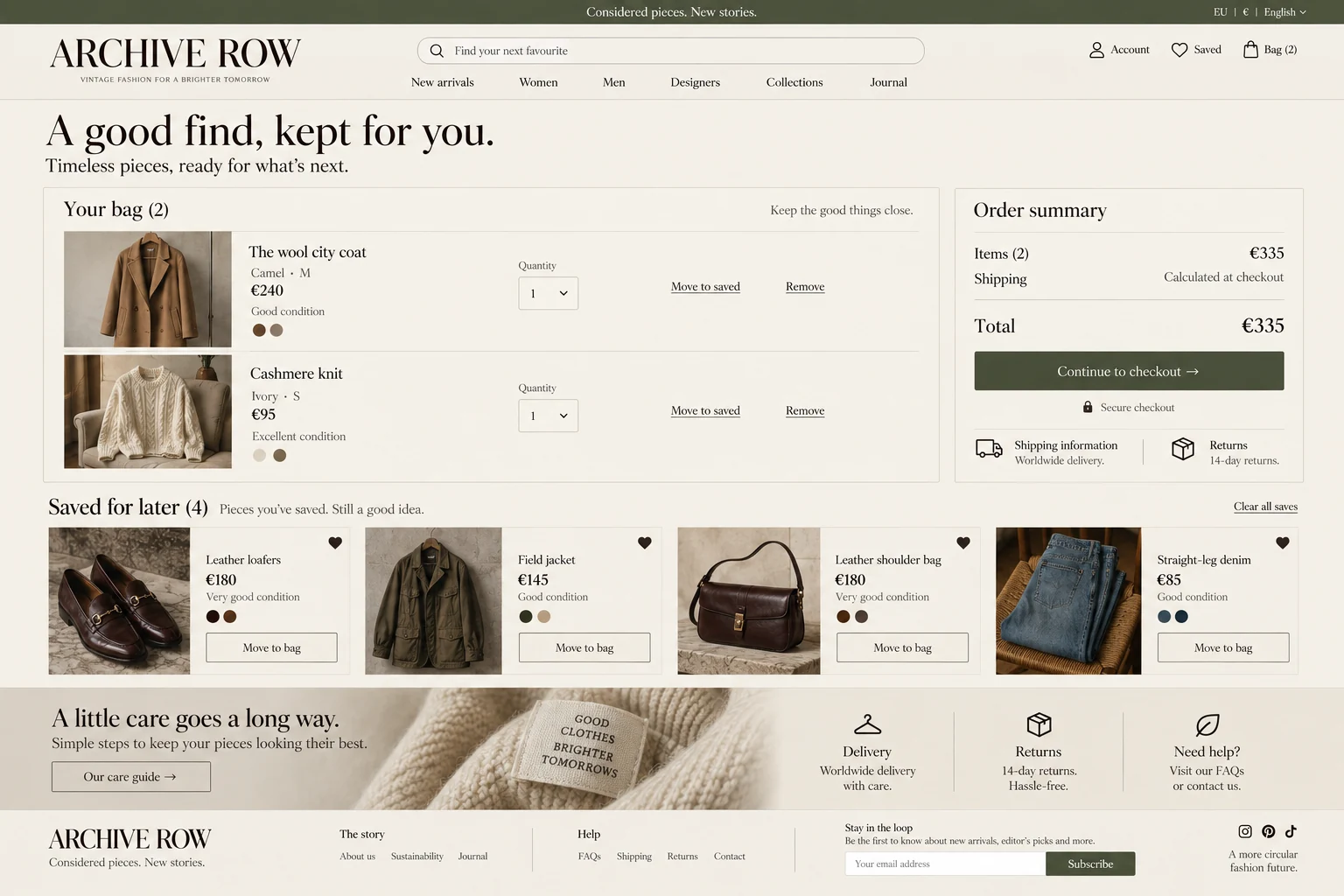 Archive Row — Shopping bag, saved pieces and order summary.