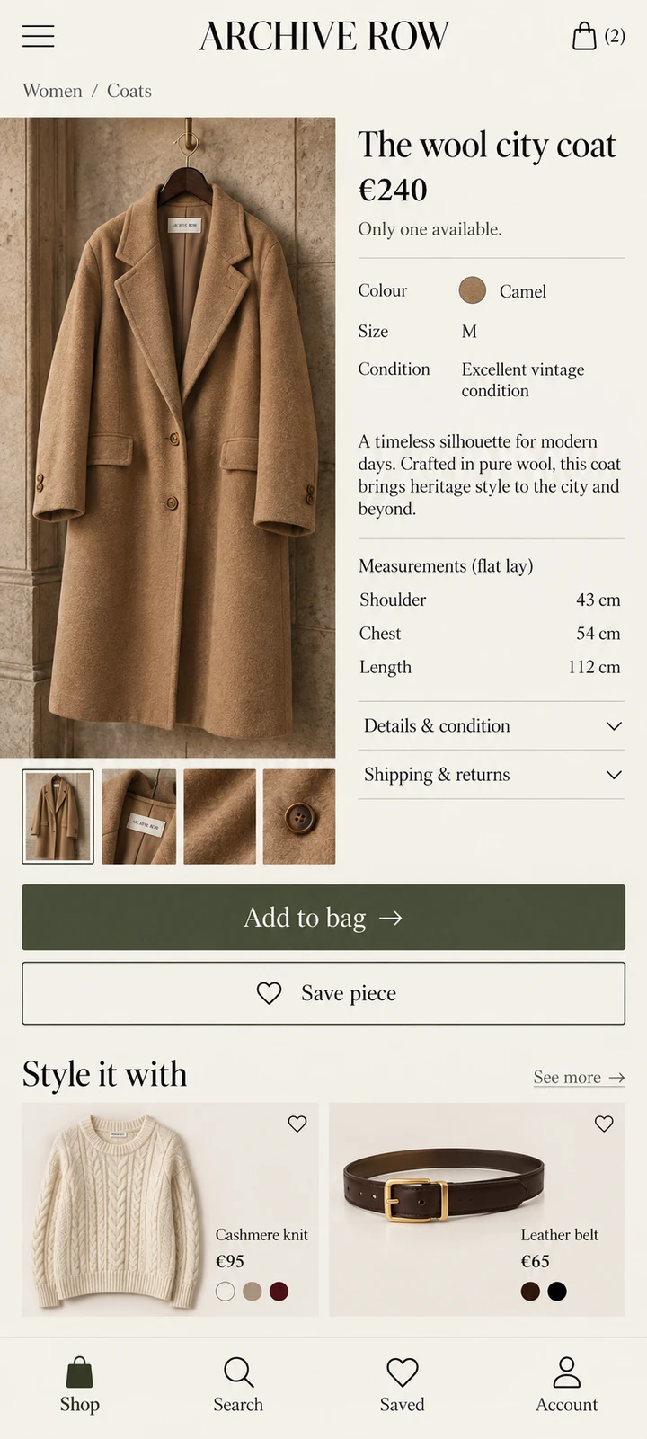 Archive Row — Garment details and the next step towards purchase.