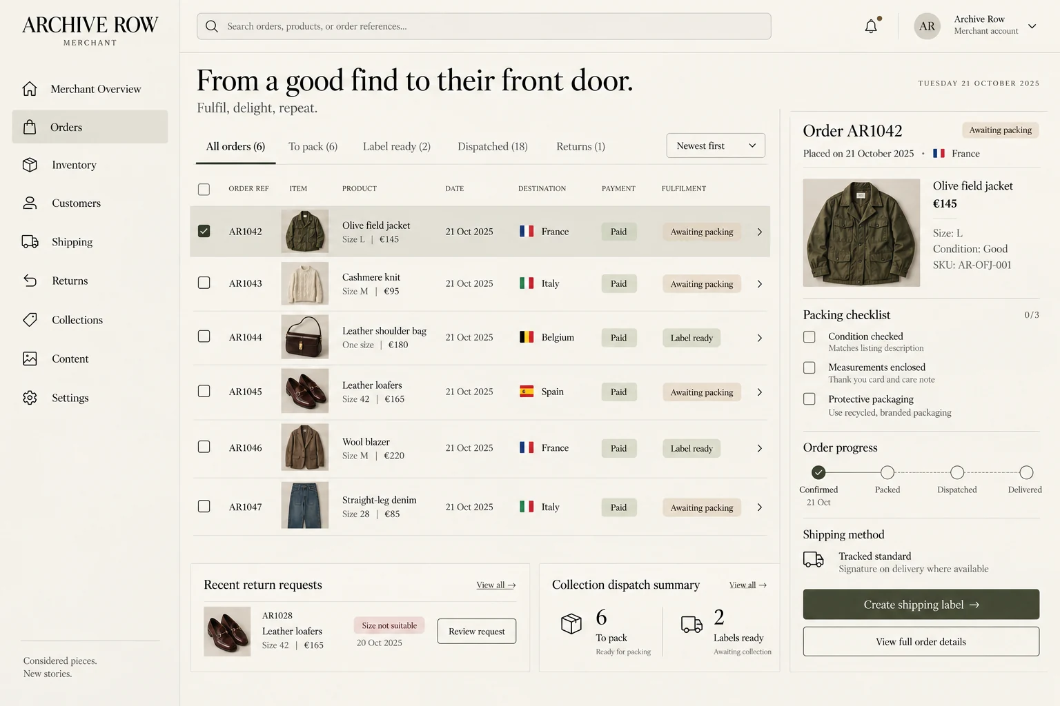 Archive Row — Order preparation, dispatch and returns tracking.
