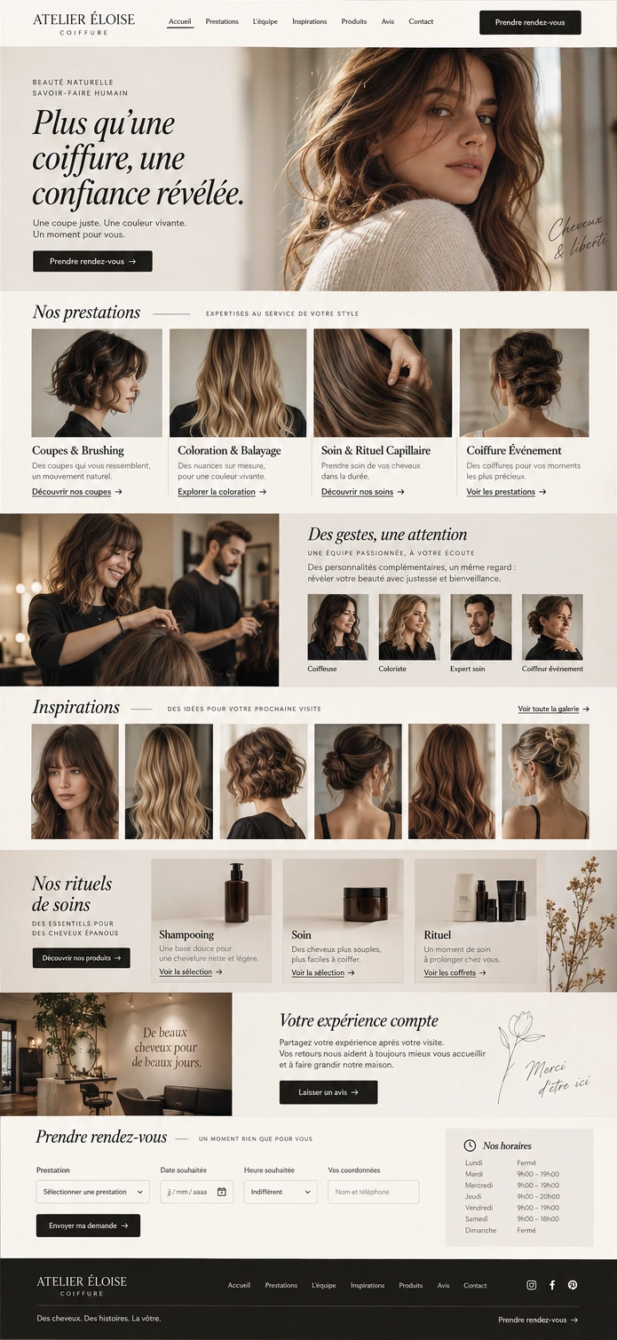 Atelier Éloise Coiffure — La experiencia completa: portada, contenido y versión móvil.