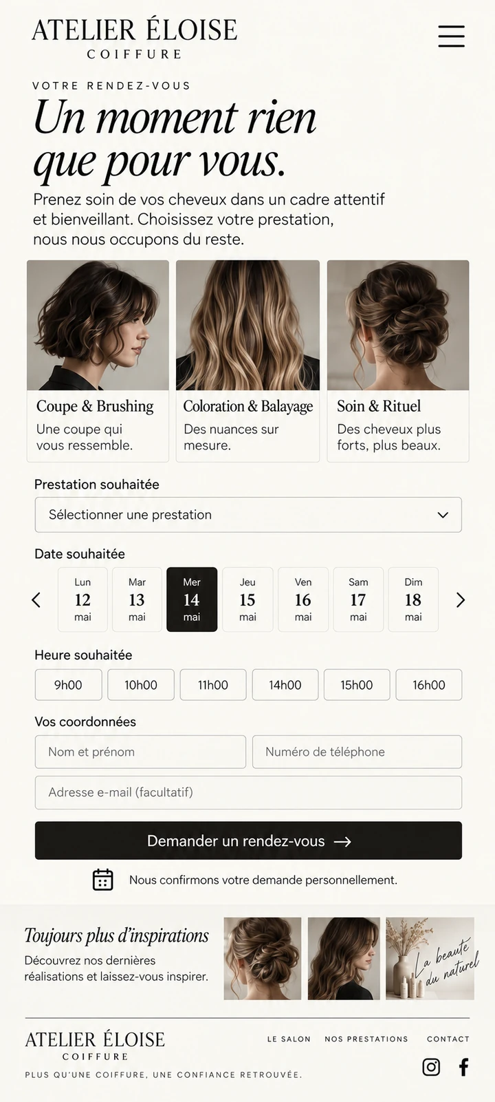 Atelier Éloise Coiffure — Elección de prestación y solicitud de cita.