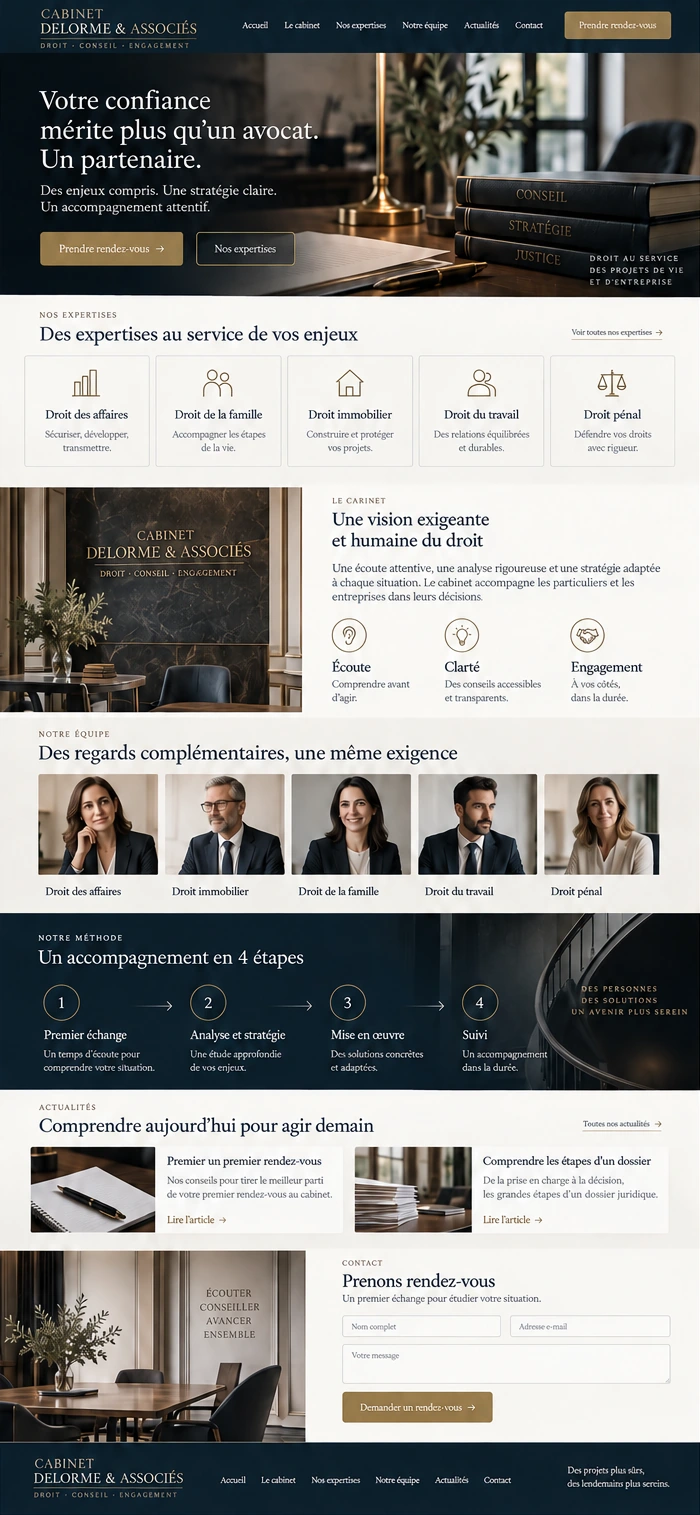 Cabinet Delorme & Associés — The complete experience: homepage, content and mobile version.