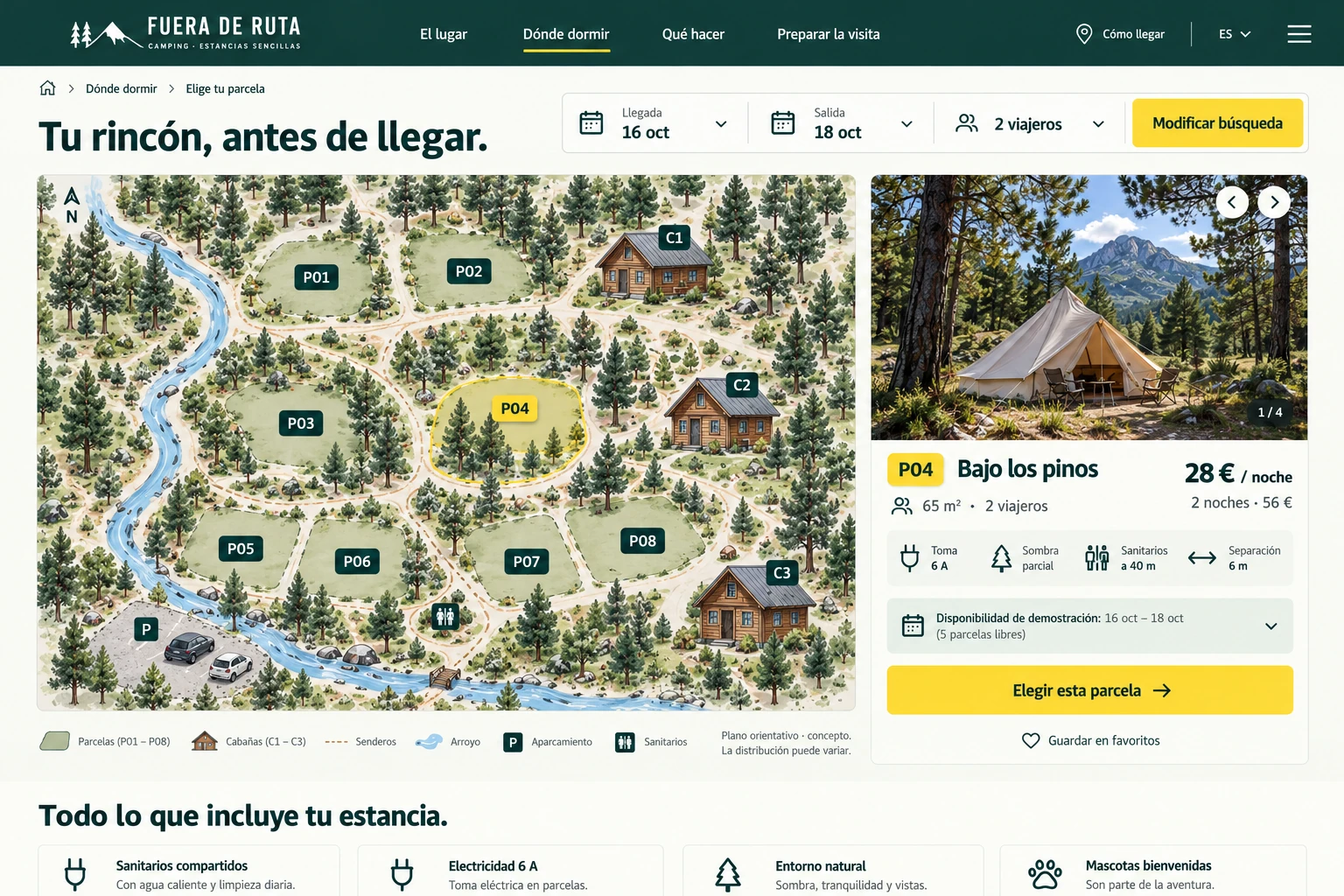 Fuera de Ruta — 04 — Plano del camping y ficha de la parcela seleccionada.