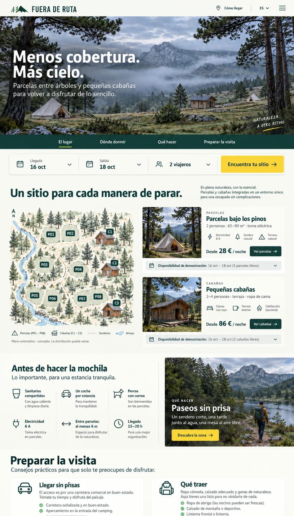 Fuera de Ruta — 03 — Portada desktop: paisaje, fechas, alojamientos e información práctica.