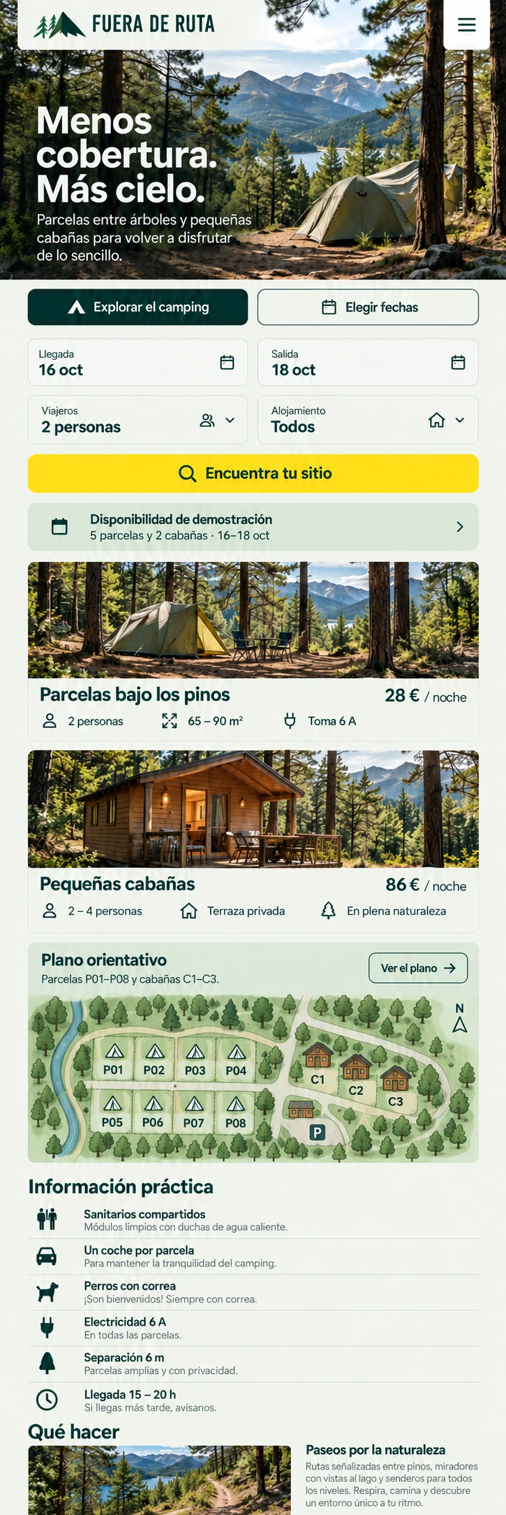 Fuera de Ruta — 05 — Inicio móvil: explorar, elegir fechas y comparar alojamientos.