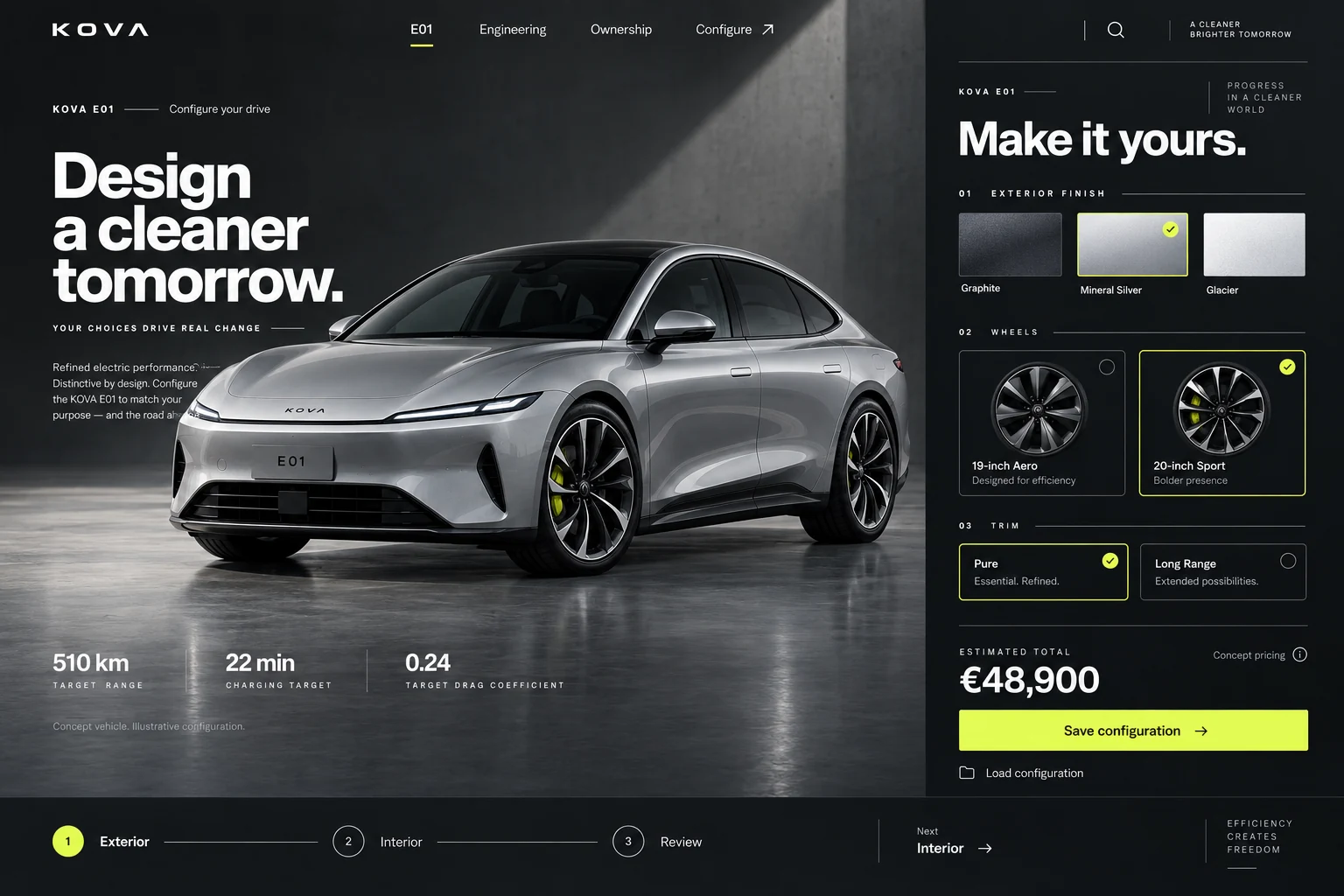 KOVA E01 — Configuración: acabado, ruedas y versión.
