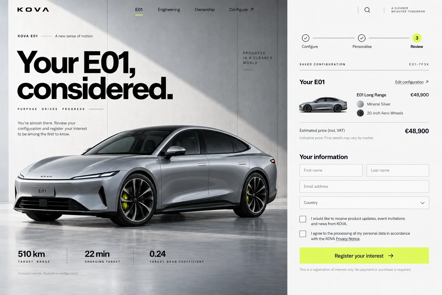 KOVA E01 — Configuración final y registro de interés