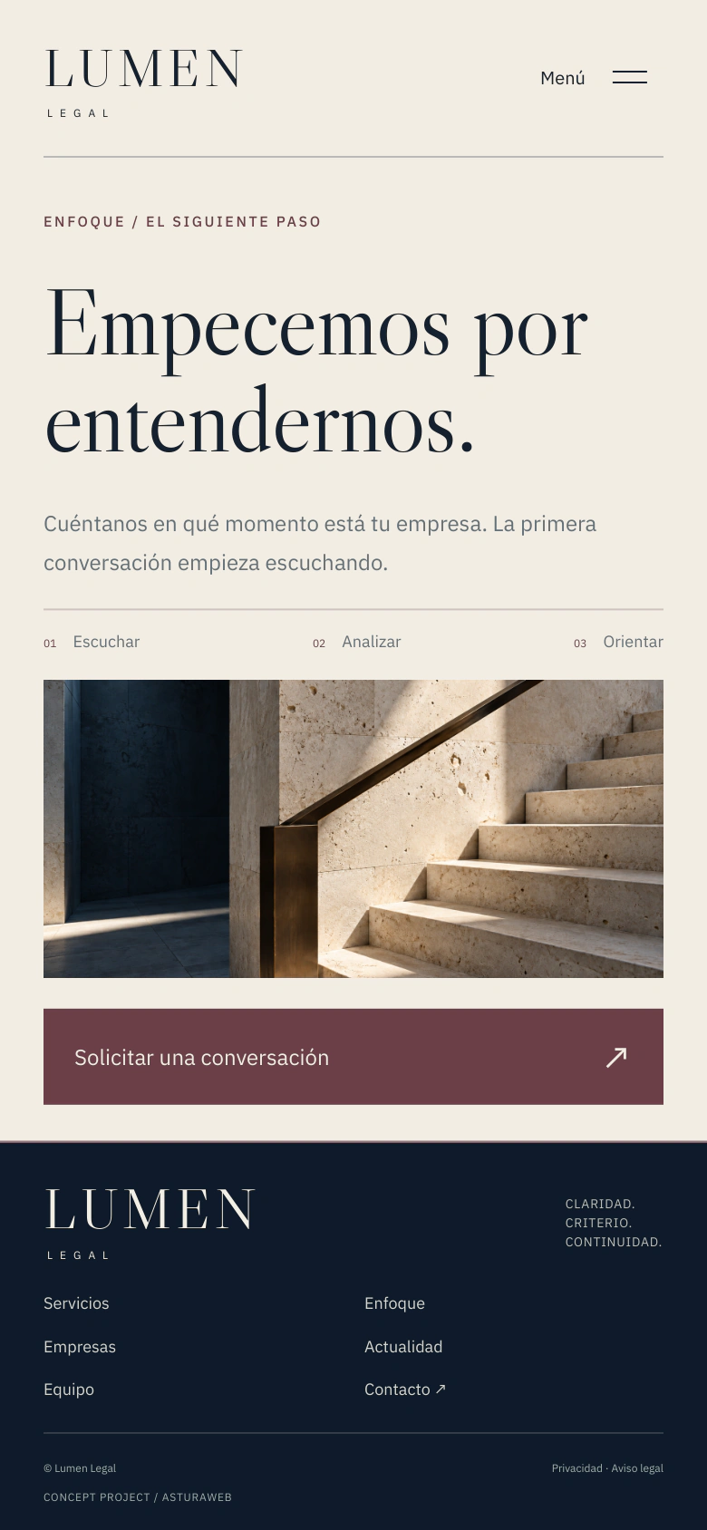 Lumen Legal — Concept project: 04 / Enfoque, contacto y cierre del concepto