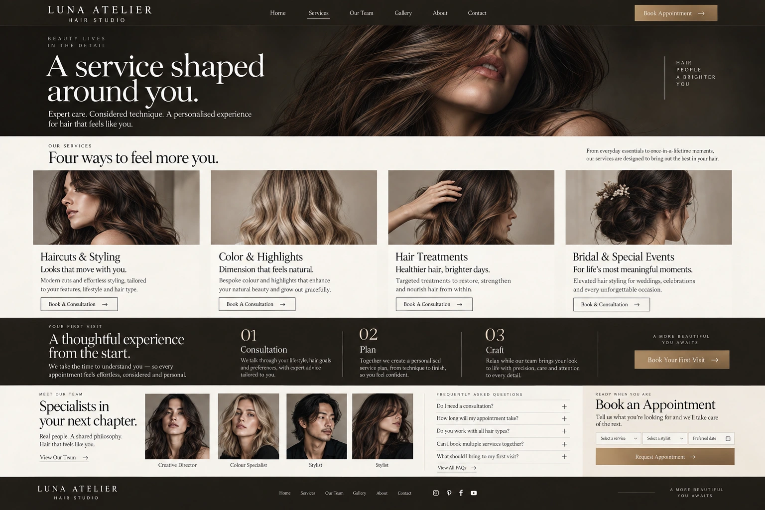 Luna Atelier Hair Studio — Services, the first visit and choosing a stylist.