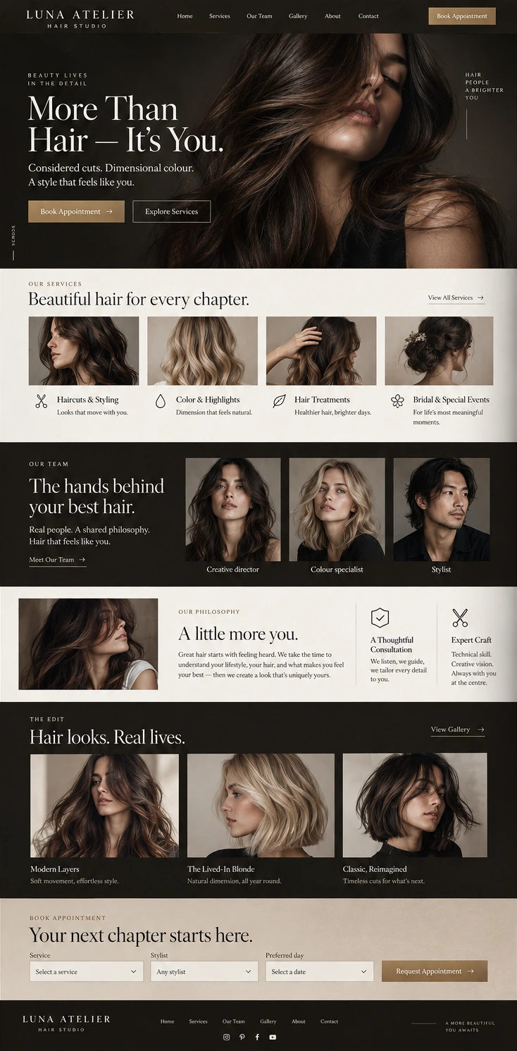 Luna Atelier Hair Studio — The complete experience: homepage, content and mobile version.