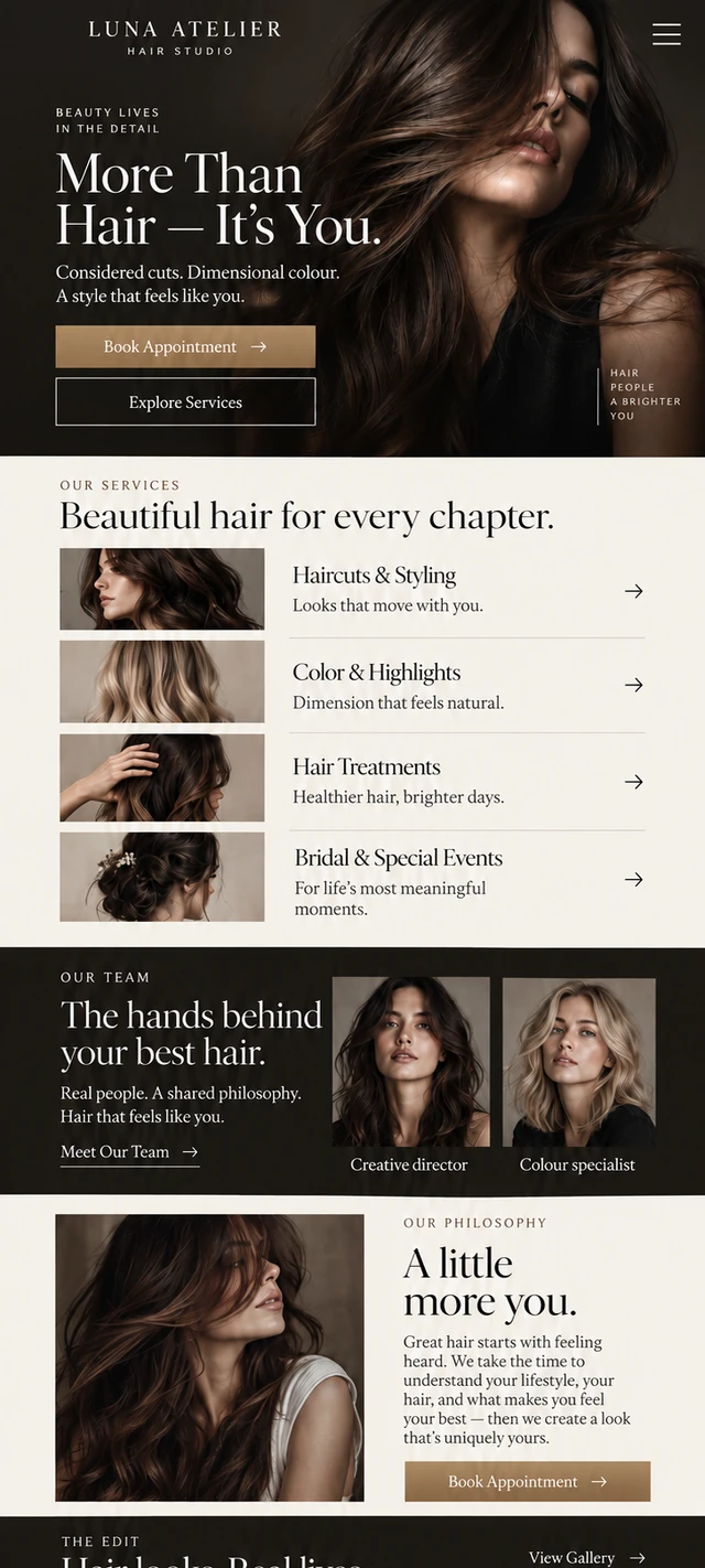 Luna Atelier Hair Studio — the same identity on mobile