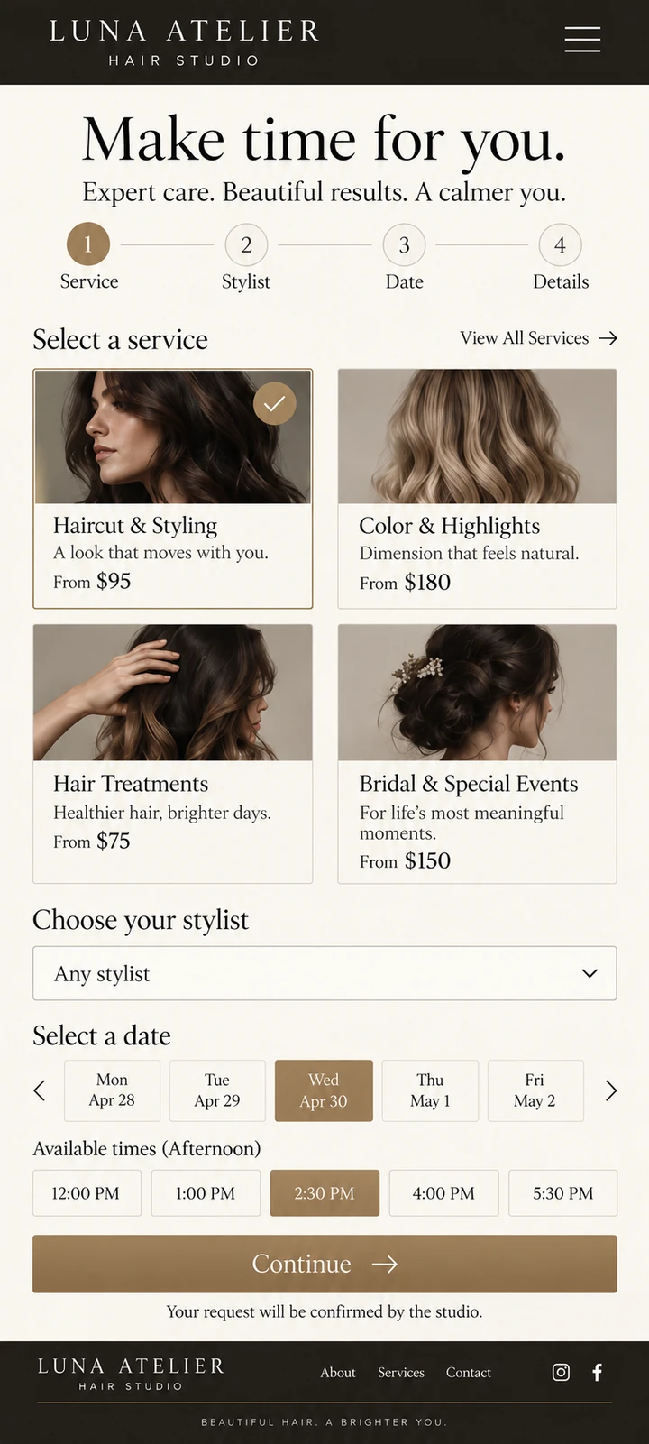 Luna Atelier Hair Studio — Appointment request and service selection.