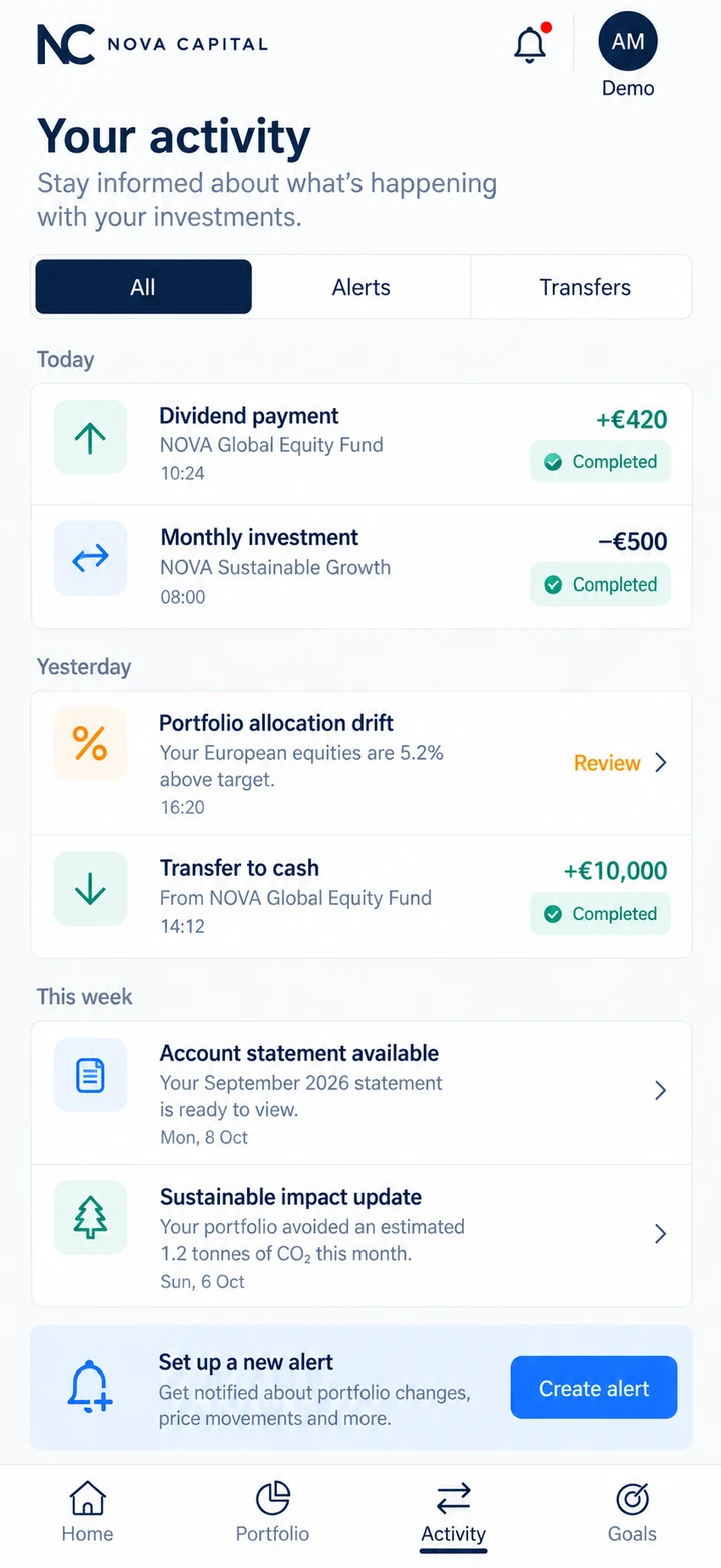 Nova Capital — Actividad y notificaciones