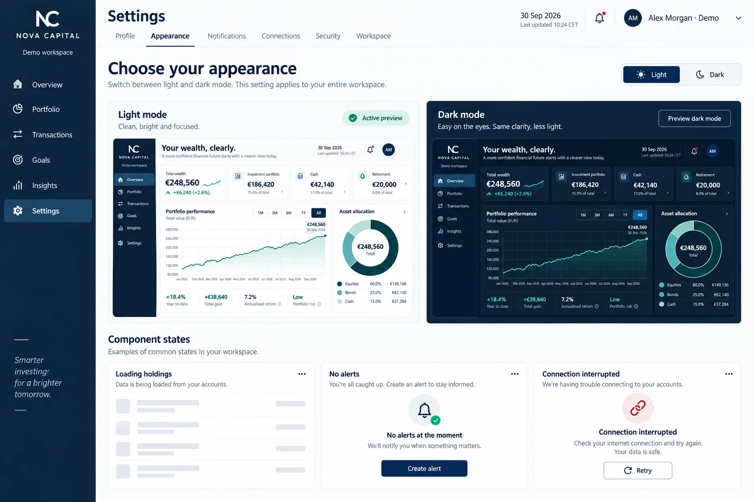Nova Capital — Temas y estados de interfaz