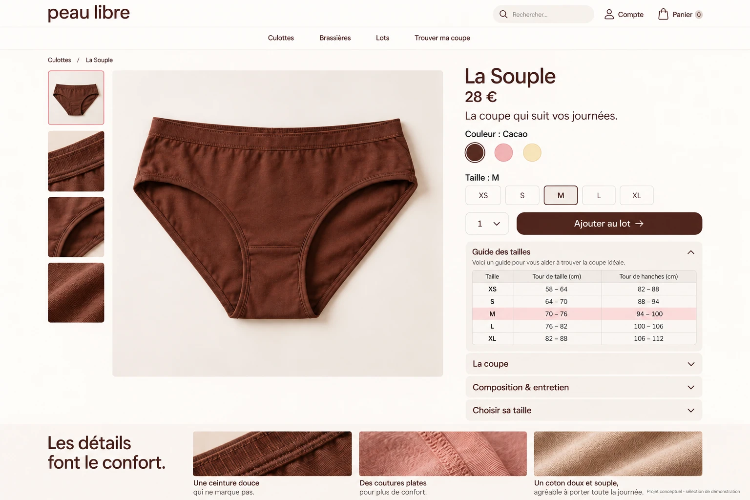Peau Libre — 04 — Ficha de La Souple: talla, color y guía de corte.