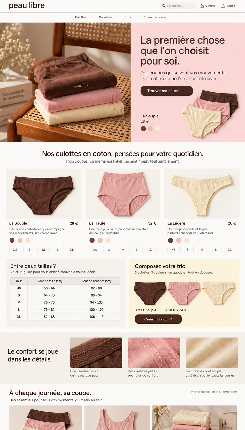 Peau Libre — 03 — Portada desktop: díptico, colecciones y herramientas para elegir.
