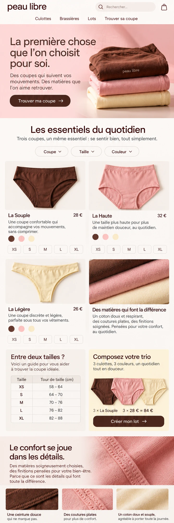 Peau Libre — 05 — Colección móvil con categorías y variantes próximas al producto.