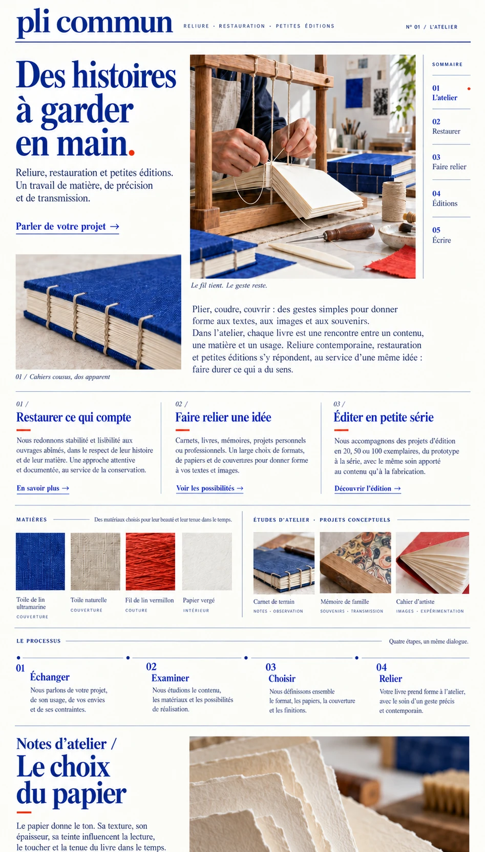 Pli Commun — 03 — Desktop homepage as an editorial spread with side contents.