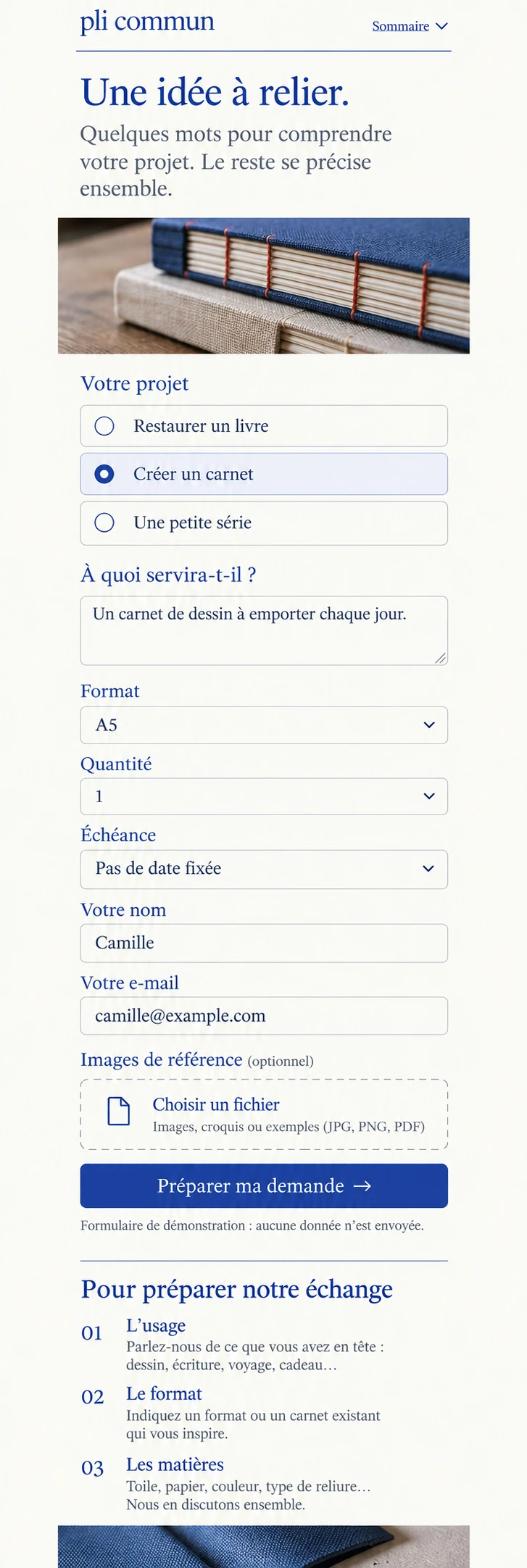 Pli Commun — 06 — A short mobile enquiry guided by project type.
