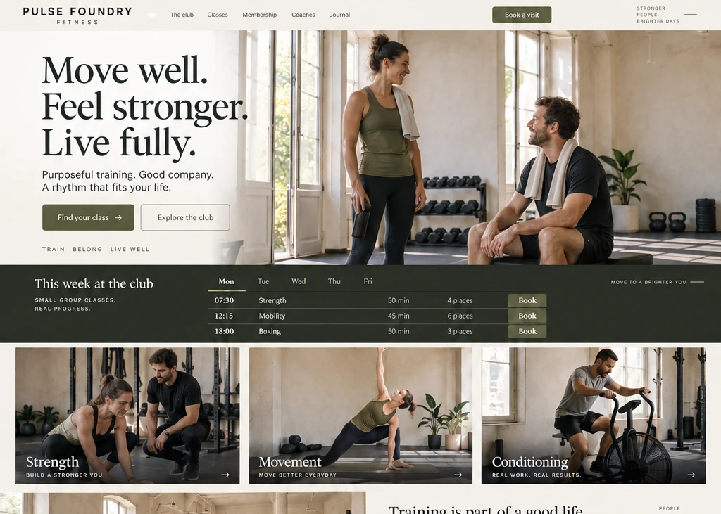 Pulse Foundry Fitness — desktop composition