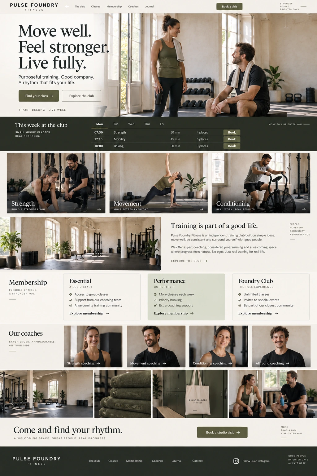 Pulse Foundry Fitness — La experiencia completa: portada, contenido y versión móvil.