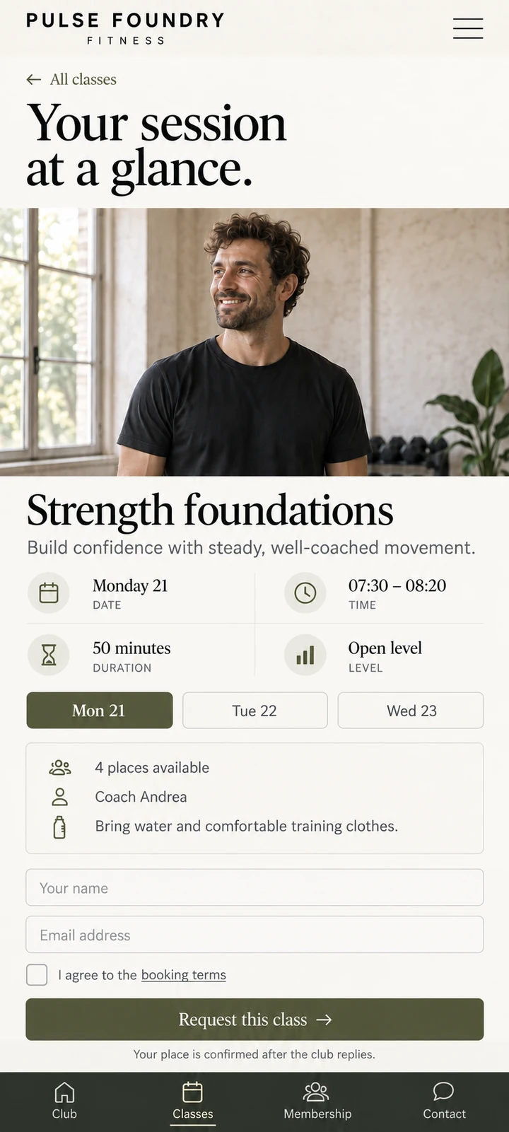 Pulse Foundry Fitness — Resumen de la sesión y reserva.