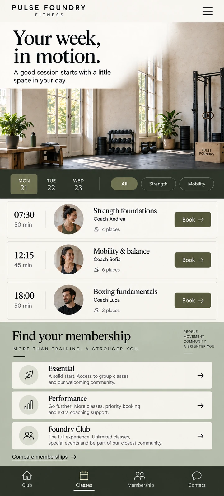 Pulse Foundry Fitness — Clases y disponibilidad