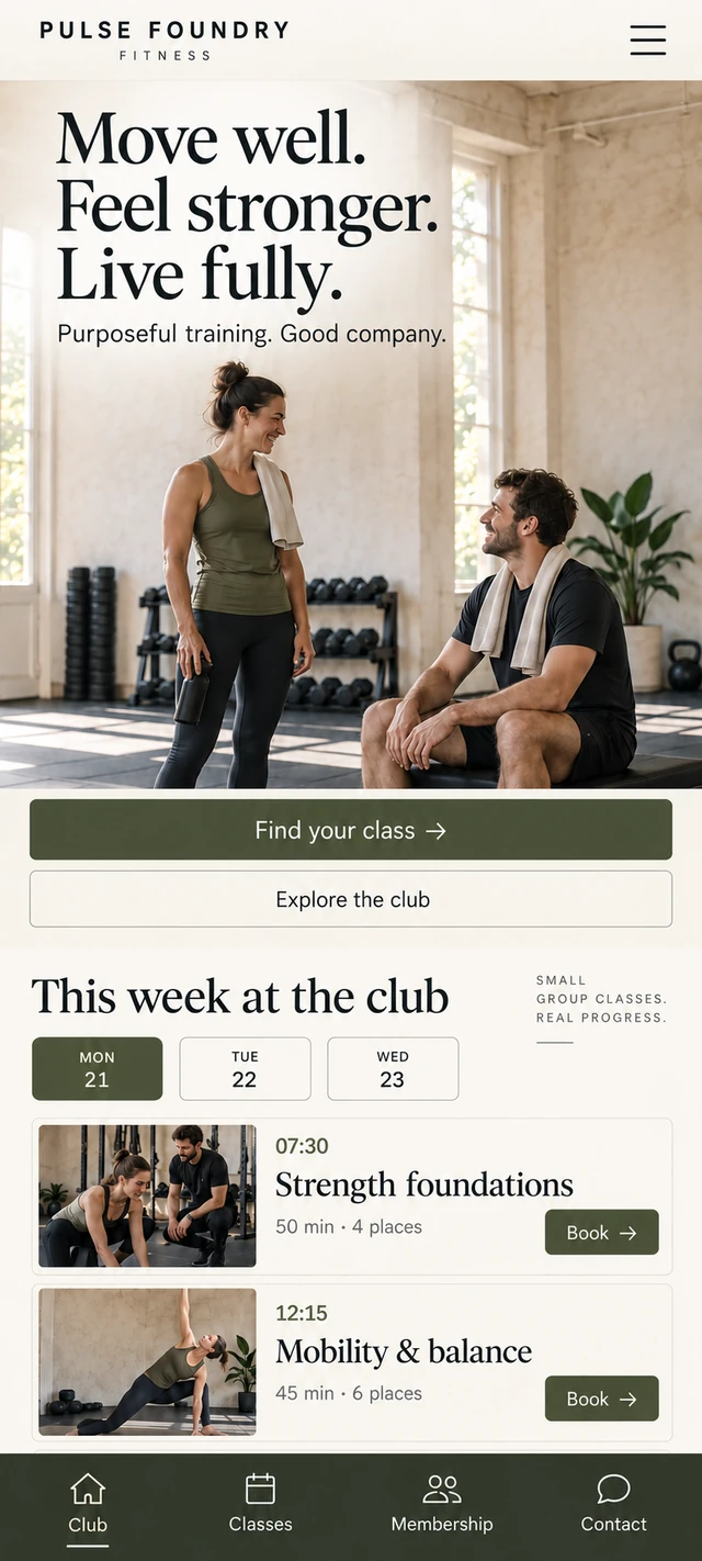 Pulse Foundry Fitness — the same identity on mobile