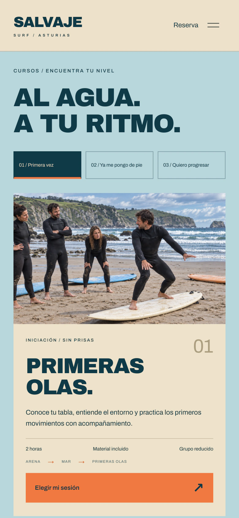 Salvaje Surf — Concept project: 04 / El curso Primeras olas en móvil